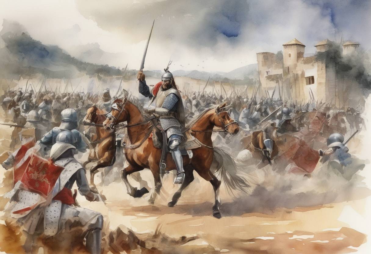 Watercolor painting based depiction of Battle of Clavijo: A legendary battle between the forces of King Ramiro I of Asturias and the Muslim forces of the Emirate of Córdoba, which is said to have taken place near Clavijo, Spain. The battle is notable for the legendary appearance of Saint James, who was said to have aided the Christian forces. (844)