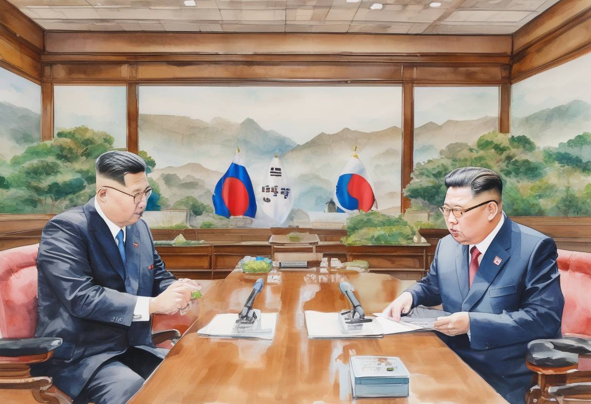 Watercolor painting based depiction of North and South Korea agreed to work towards denuclearization and formally ending the Korean War during a historic summit between leaders Kim Jong-un and Moon Jae-in. (2018)