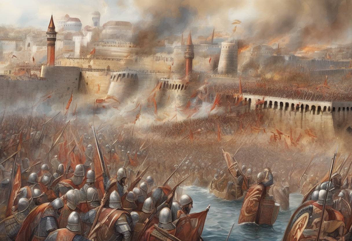 Watercolor painting based depiction of The Siege of Constantinople ends as the Avar and Persian forces withdraw after failing to breach the city's defenses. (626)