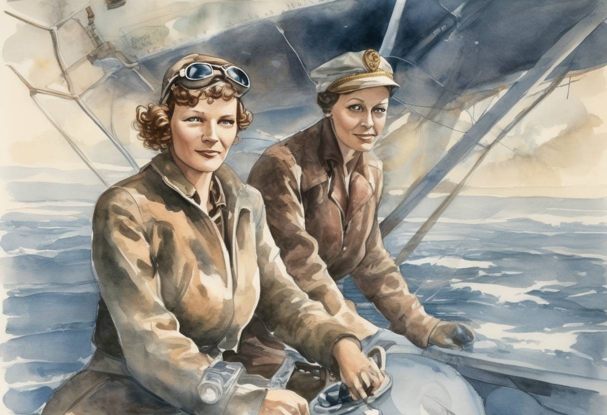 Watercolor painting based depiction of Aviator Amelia Earhart and navigator Fred Noonan disappear over the Pacific Ocean during an attempt to make a circumnavigational flight of the globe. (1937)