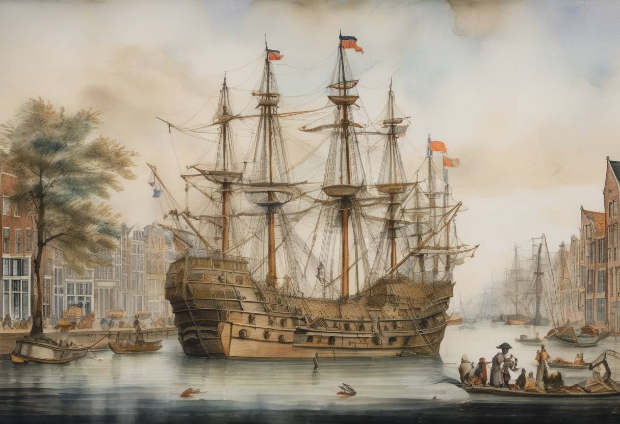 Watercolor painting based depiction of The Dutch East India Company was established, marking the beginning of a major period of Dutch colonial expansion and trade dominance. (1602)