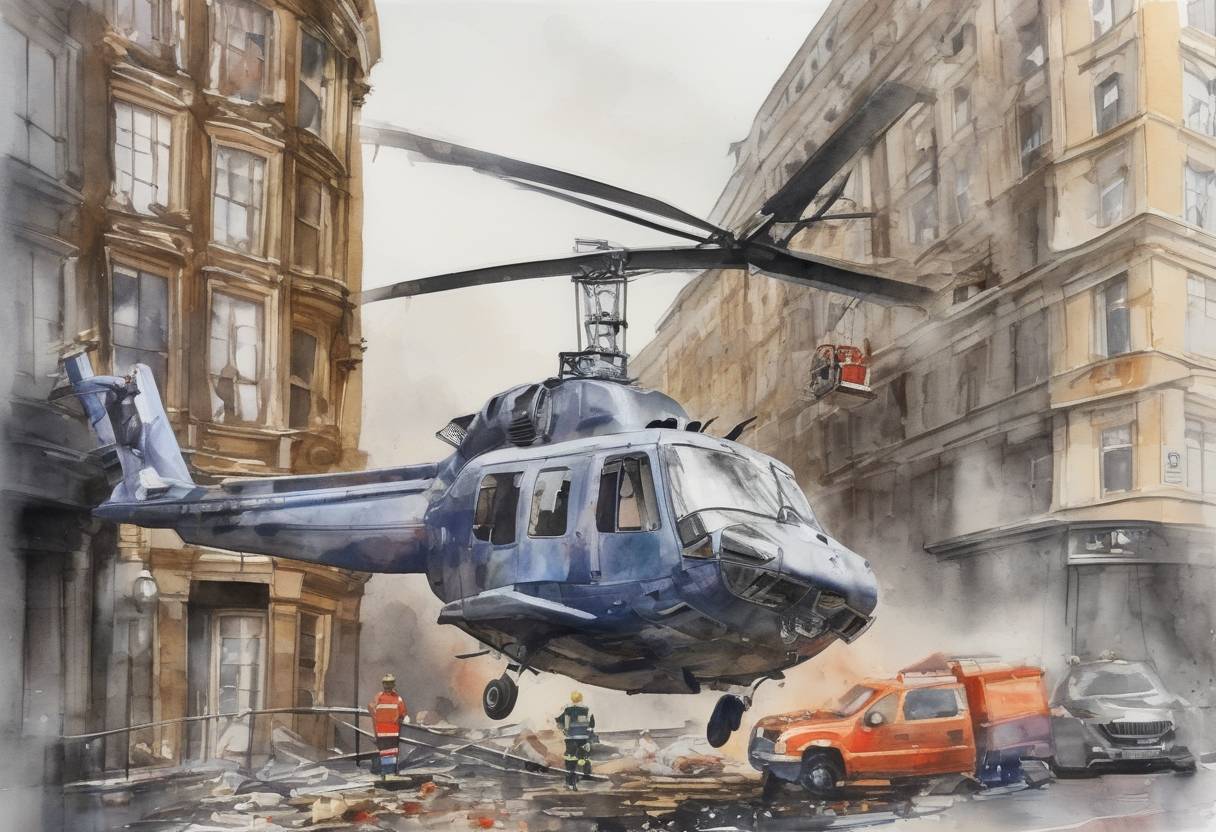 Watercolor painting based depiction of A helicopter crashed into a crane on a building in central London, resulting in two deaths and multiple injuries. (2013)