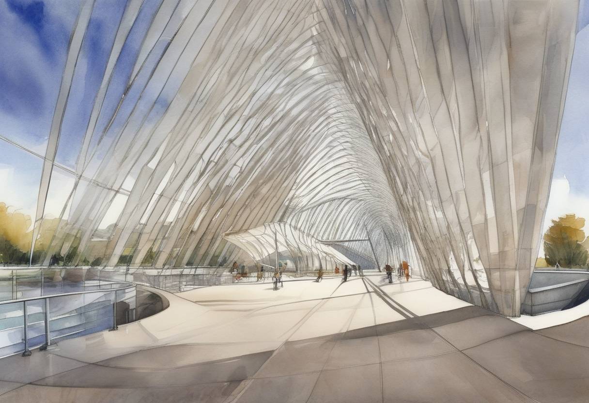 Watercolor painting based depiction of The Milwaukee Art Museum in Wisconsin, USA, opened its new addition, the Quadracci Pavilion, designed by Spanish architect Santiago Calatrava. (2001)