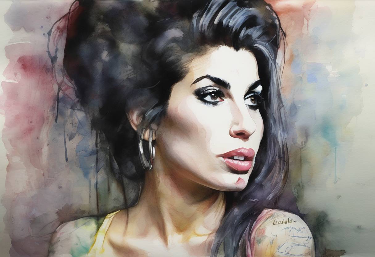 Watercolor painting based depiction of The world mourned the death of British singer-songwriter Amy Winehouse, who passed away at the age of 27 from alcohol poisoning. Winehouse was known for her deep, expressive contralto vocals and her eclectic mix of musical genres, including soul, rhythm and blues, and jazz. (2011)