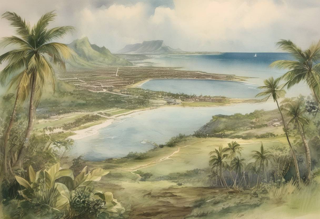 Watercolor painting based depiction of The United States captured Guam from Spain during the Spanish-American War, marking the beginning of American control over the island. (1898)