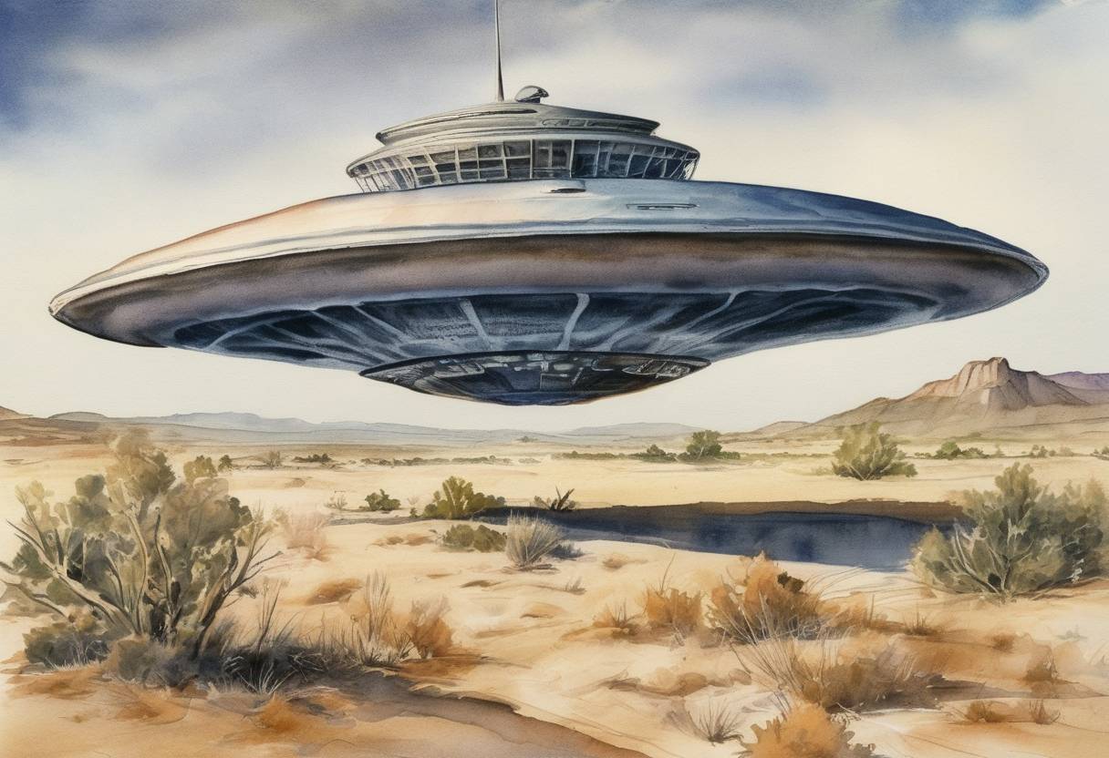 Watercolor painting based depiction of Reports of a UFO crash in Roswell, New Mexico, were published, sparking widespread interest and conspiracy theories about extraterrestrial life. (1947)