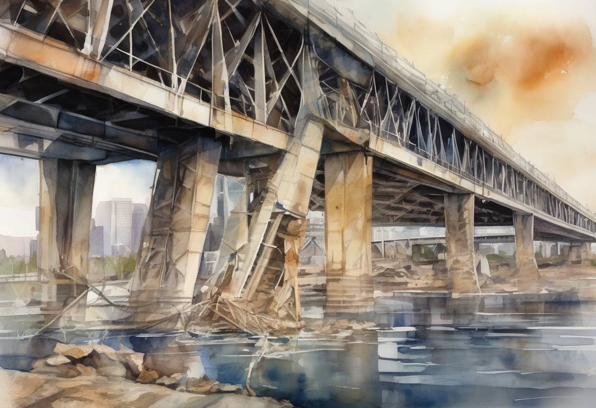 Watercolor painting based depiction of The I-35W Mississippi River bridge in Minneapolis, Minnesota, collapsed during evening rush hour, resulting in 13 deaths and 145 injuries. (2007)
