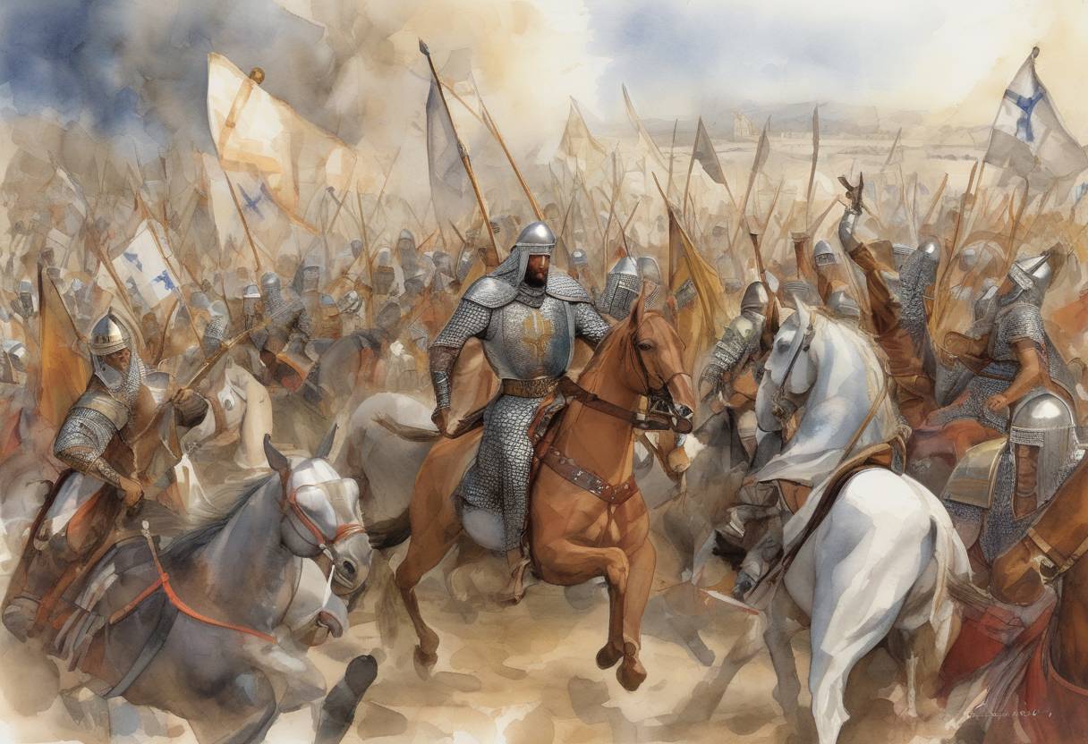 Watercolor painting based depiction of The Battle of Ascalon took place, marking the final engagement of the First Crusade. Crusader forces led by Godfrey of Bouillon defeated the Fatimid army, securing the Crusaders' hold on Jerusalem. (1099)