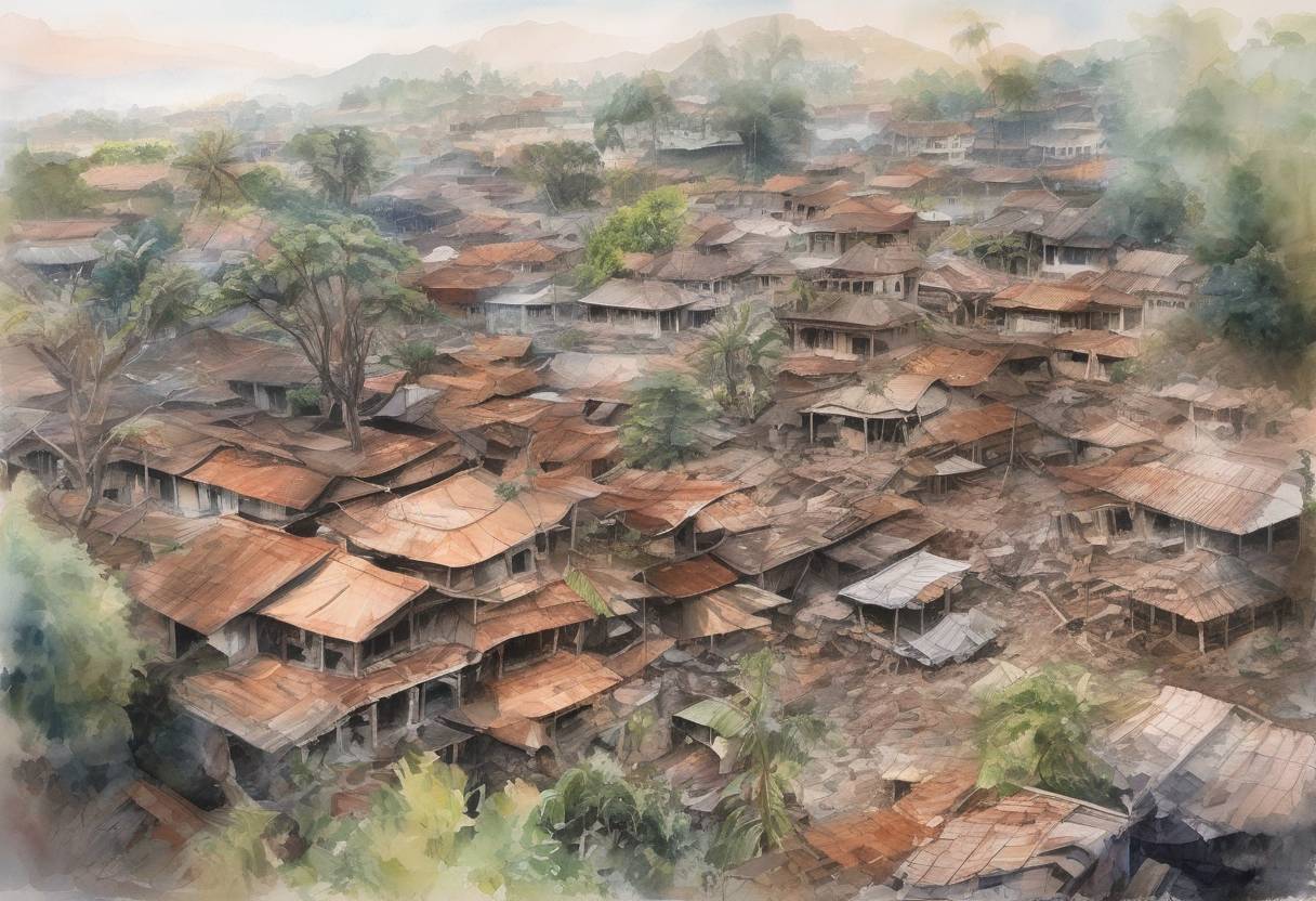 Watercolor painting based depiction of A massive earthquake strikes Java, Indonesia, resulting in significant loss of life and widespread destruction. (2006)