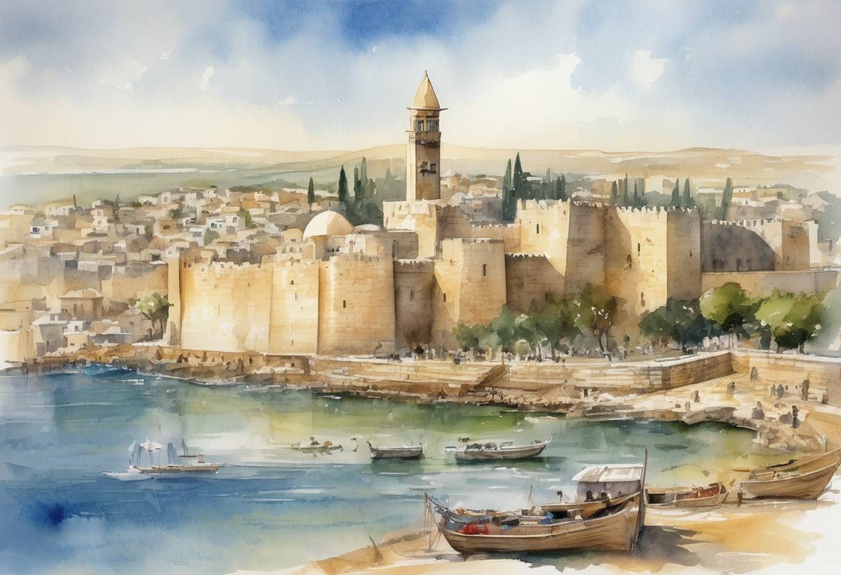 Watercolor painting based depiction of The city of Acre, the last major Crusader stronghold in the Holy Land, falls to the Mamluks, marking the end of Crusader presence in the region. (1291)