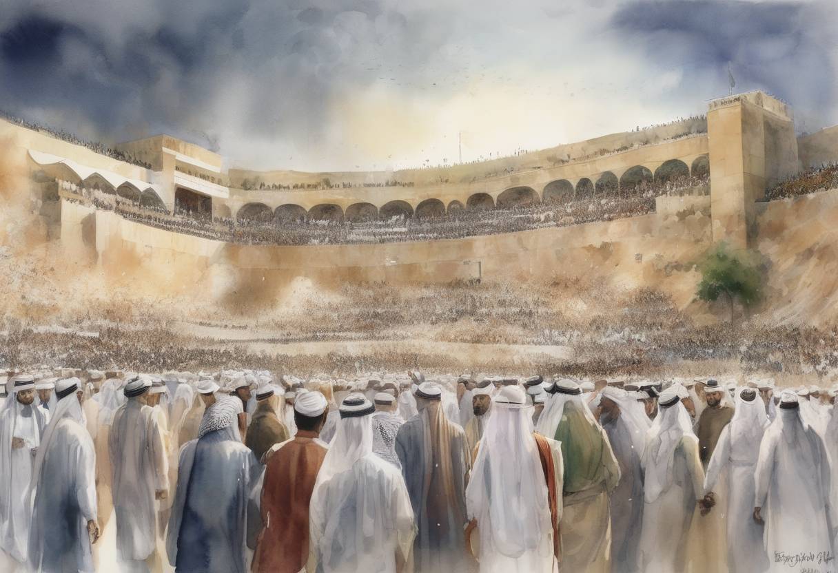Watercolor painting based depiction of The Last Sermon of Prophet Muhammad is delivered during the Farewell Pilgrimage, which is a pivotal event in Islamic history. (632)