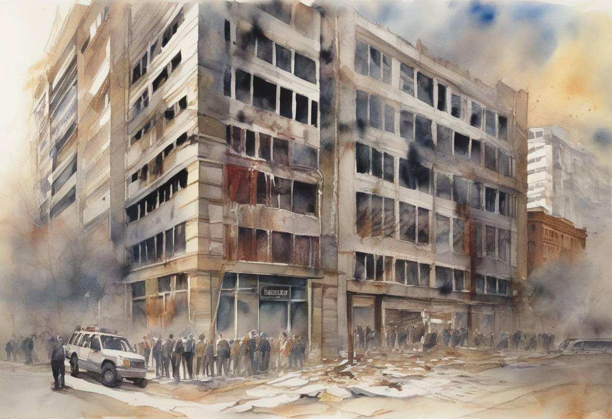 Watercolor painting based depiction of A terrorist attack on the Argentine Jewish Mutual Association (AMIA) building in Buenos Aires, Argentina, killed 85 people and injured hundreds, marking one of the deadliest attacks in Argentine history. (1994)