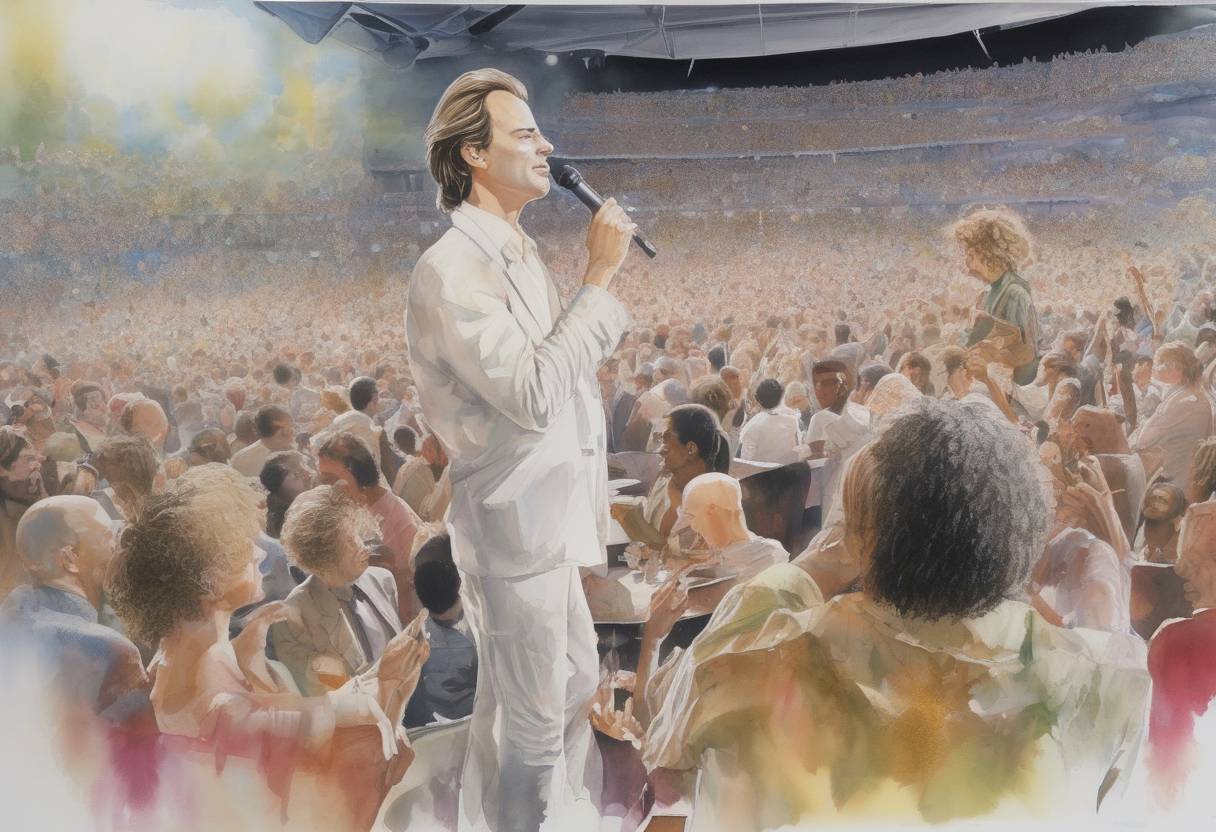 Watercolor painting based depiction of Live Aid, a dual-venue benefit concert organized by Bob Geldof and Midge Ure, was held to raise funds for relief of the ongoing Ethiopian famine. (1985)