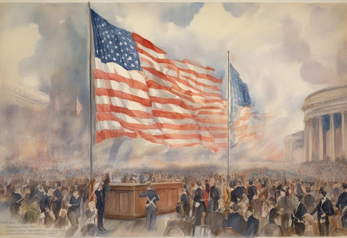 Watercolor painting based depiction of The United States adopts "The Star-Spangled Banner" as its national anthem. (1931)