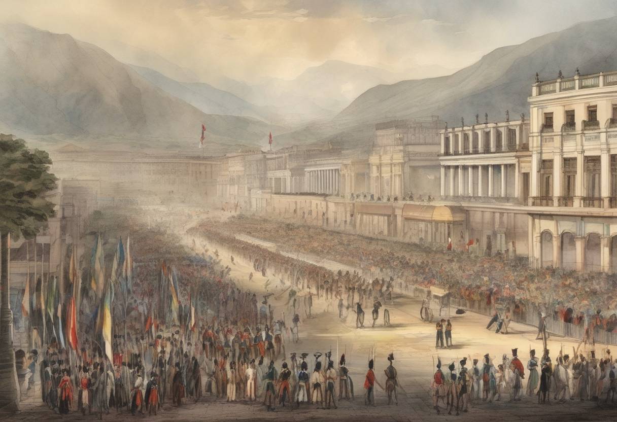 Watercolor painting based depiction of Peru declared its independence from Spain, marking a significant moment in the Latin American wars of independence. (1821)