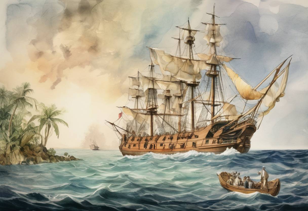 Watercolor painting based depiction of British explorer Captain James Cook ran aground on the Great Barrier Reef, leading to the first recorded European contact with the reef. (1770)