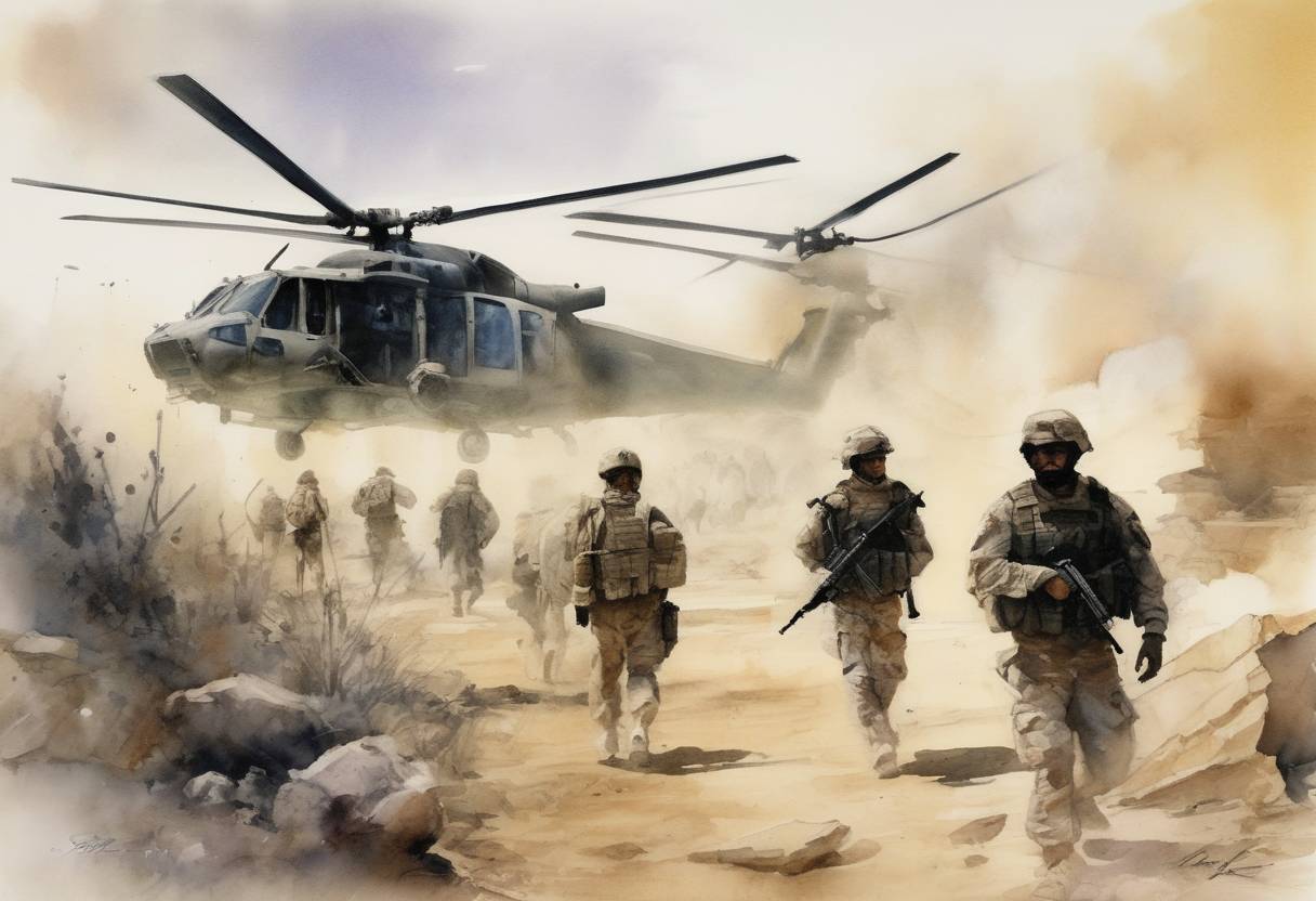 Watercolor painting based depiction of Four American private military contractors were ambushed and killed in Fallujah, Iraq, leading to the First Battle of Fallujah. (2004)