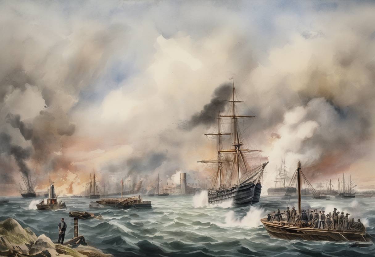 Watercolor painting based depiction of The American Civil War began with the Confederate attack on Fort Sumter in South Carolina. (1861)