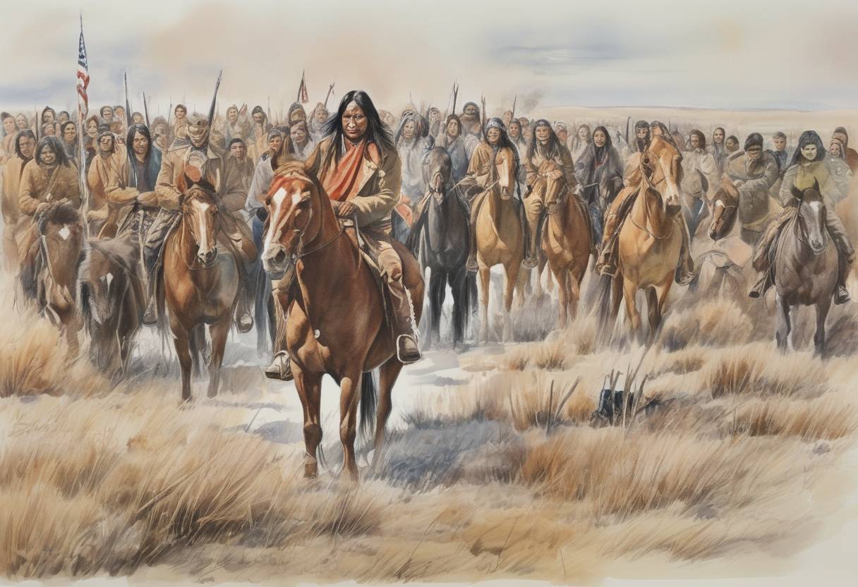 Watercolor painting based depiction of The American Indian Movement occupies Wounded Knee, South Dakota, to protest the United States government's failure to fulfill treaties with Native American people. (1973)