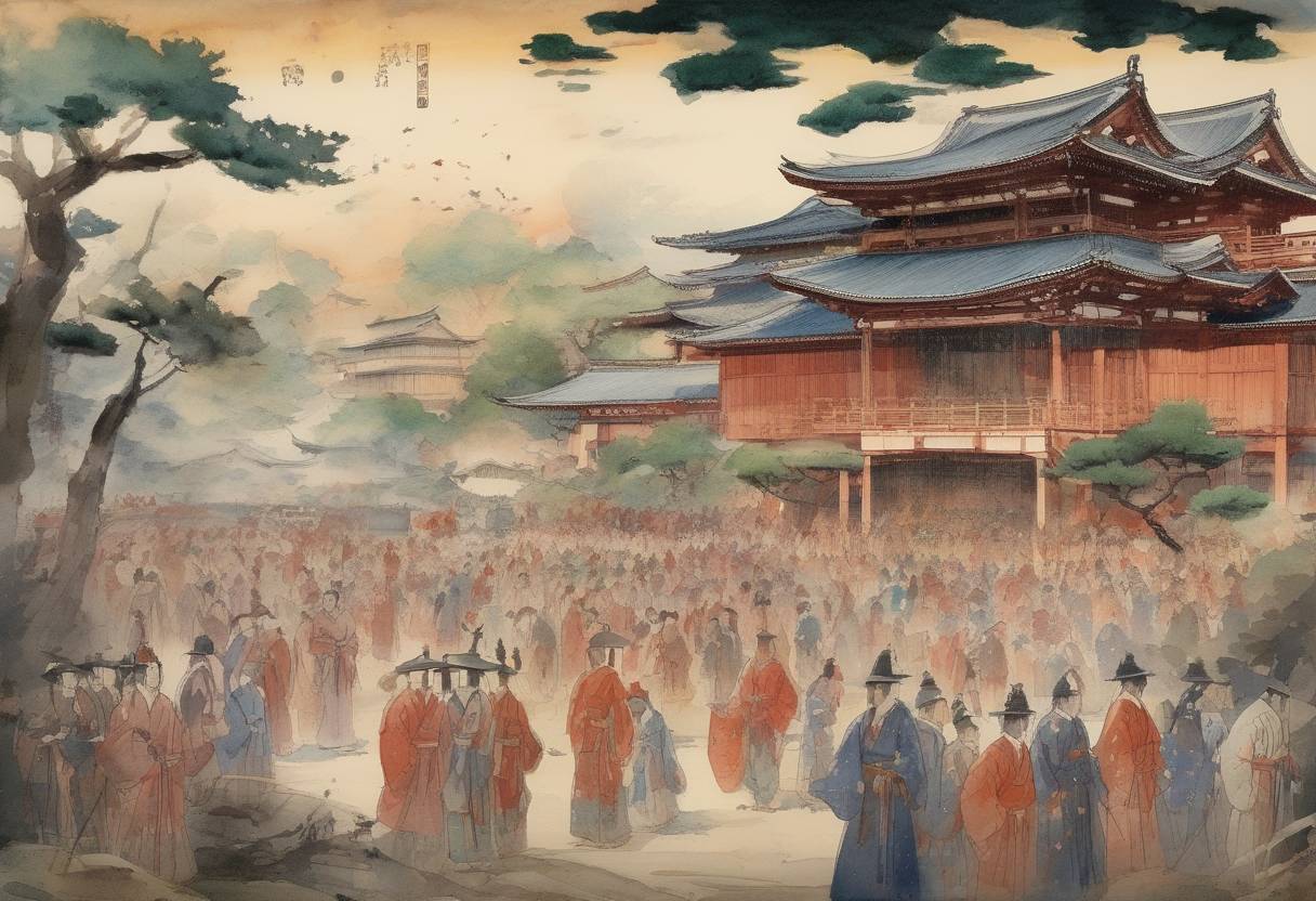 Watercolor painting based depiction of Traditional date for the founding of Japan by Emperor Jimmu, according to the Nihon Shoki, a classical Japanese history text. (660)