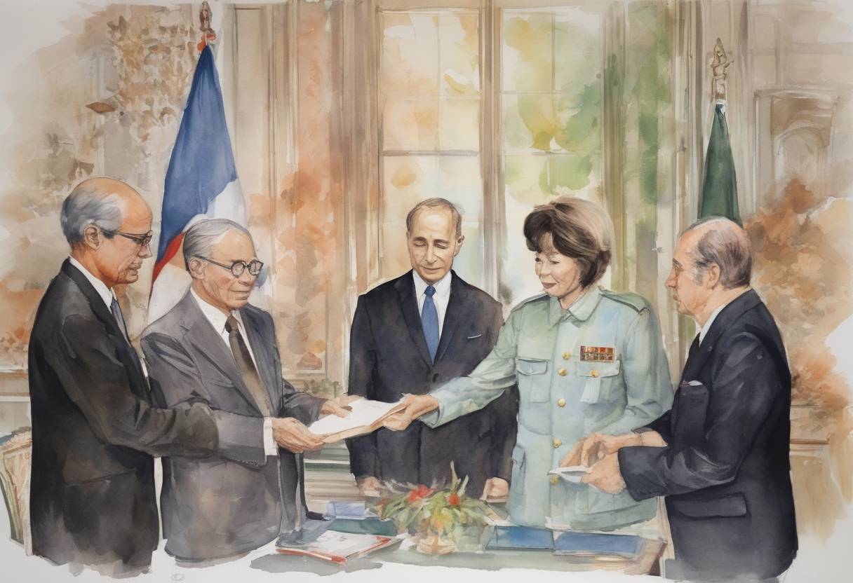 Watercolor painting based depiction of The Paris Peace Accords are signed, officially ending the Vietnam War and restoring peace in Vietnam. (1973)