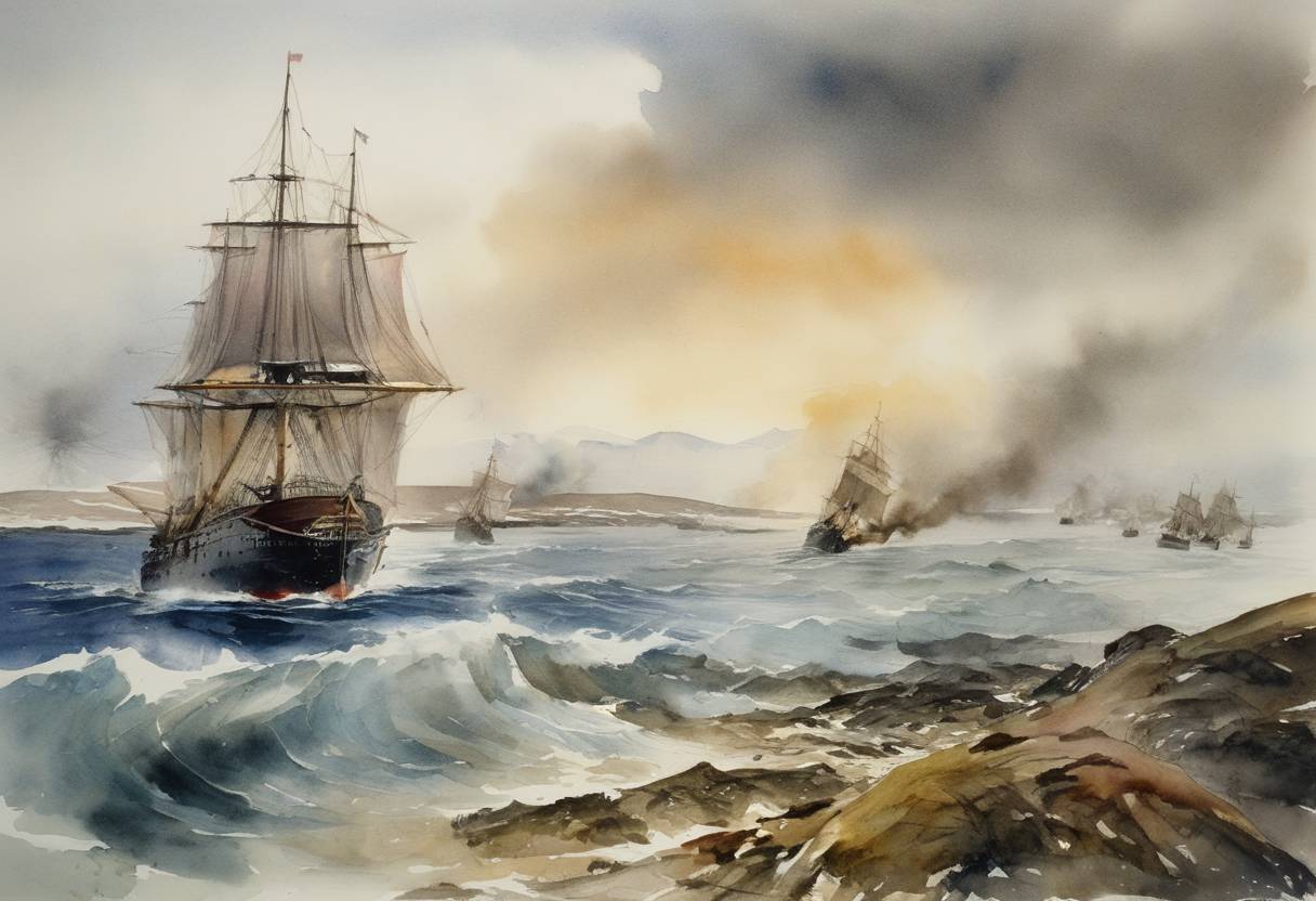 Watercolor painting based depiction of The Battle of the Falkland Islands took place during World War I, resulting in a decisive victory for the British Royal Navy over the Imperial German Navy. (1914)