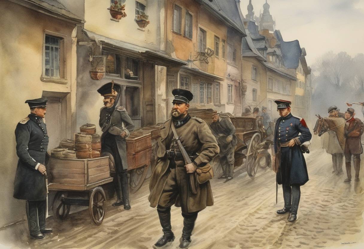 Watercolor painting based depiction of The Wilhelm Voigt impersonation caper occurred. Voigt, a German shoemaker, became famous when he impersonated a Prussian military officer and commandeered a squad of soldiers to help him rob a town hall in Köpenick. (1906)