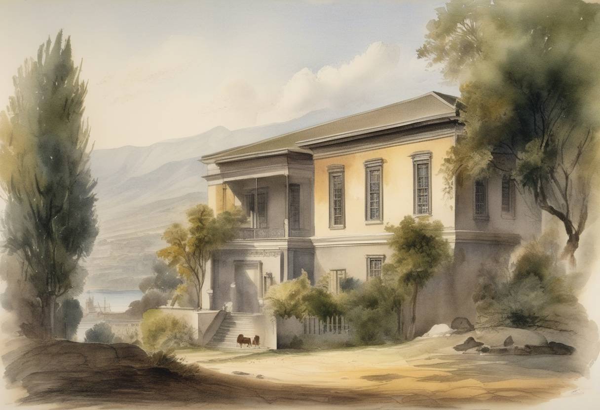 Watercolor painting based depiction of South African College is established in Cape Town, which later becomes the University of Cape Town. (1829)