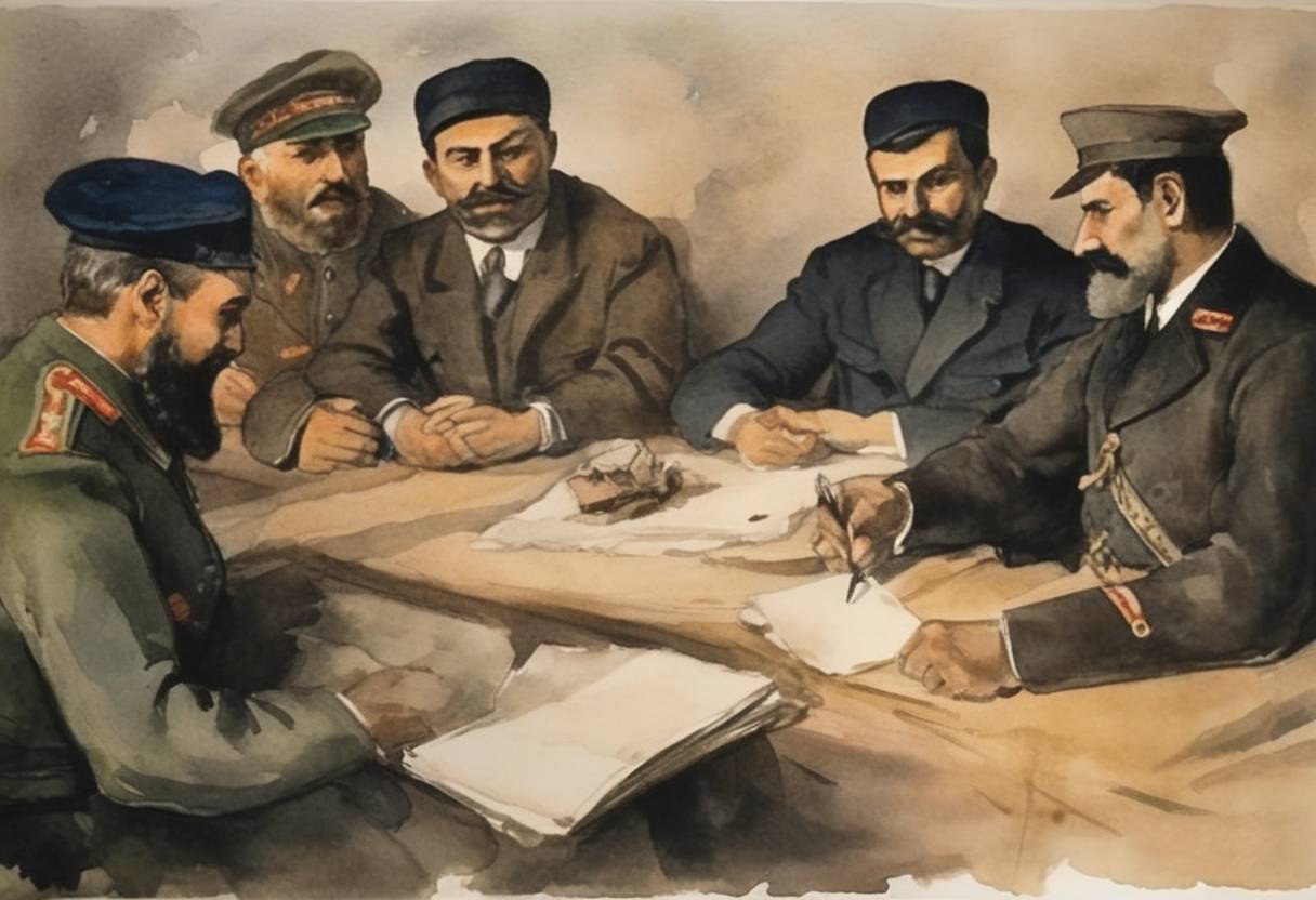 Watercolor painting based depiction of The Bolsheviks sign a treaty with the Armenian Republic in Yerevan, ending hostilities. (1920)