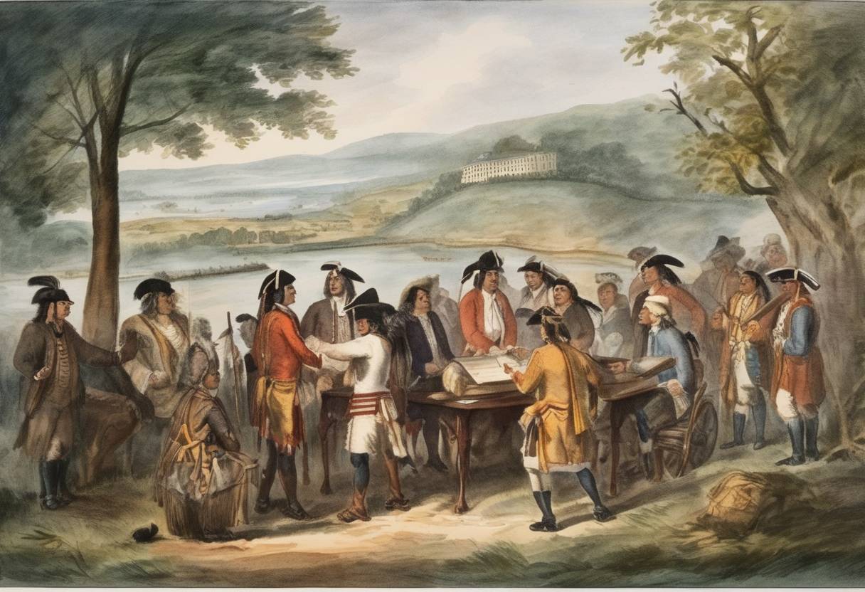 Watercolor painting based depiction of The Treaty of Fort Pitt is signed, which was the first written treaty between the United States and the Lenape (Delaware) Native American tribe. (1778)