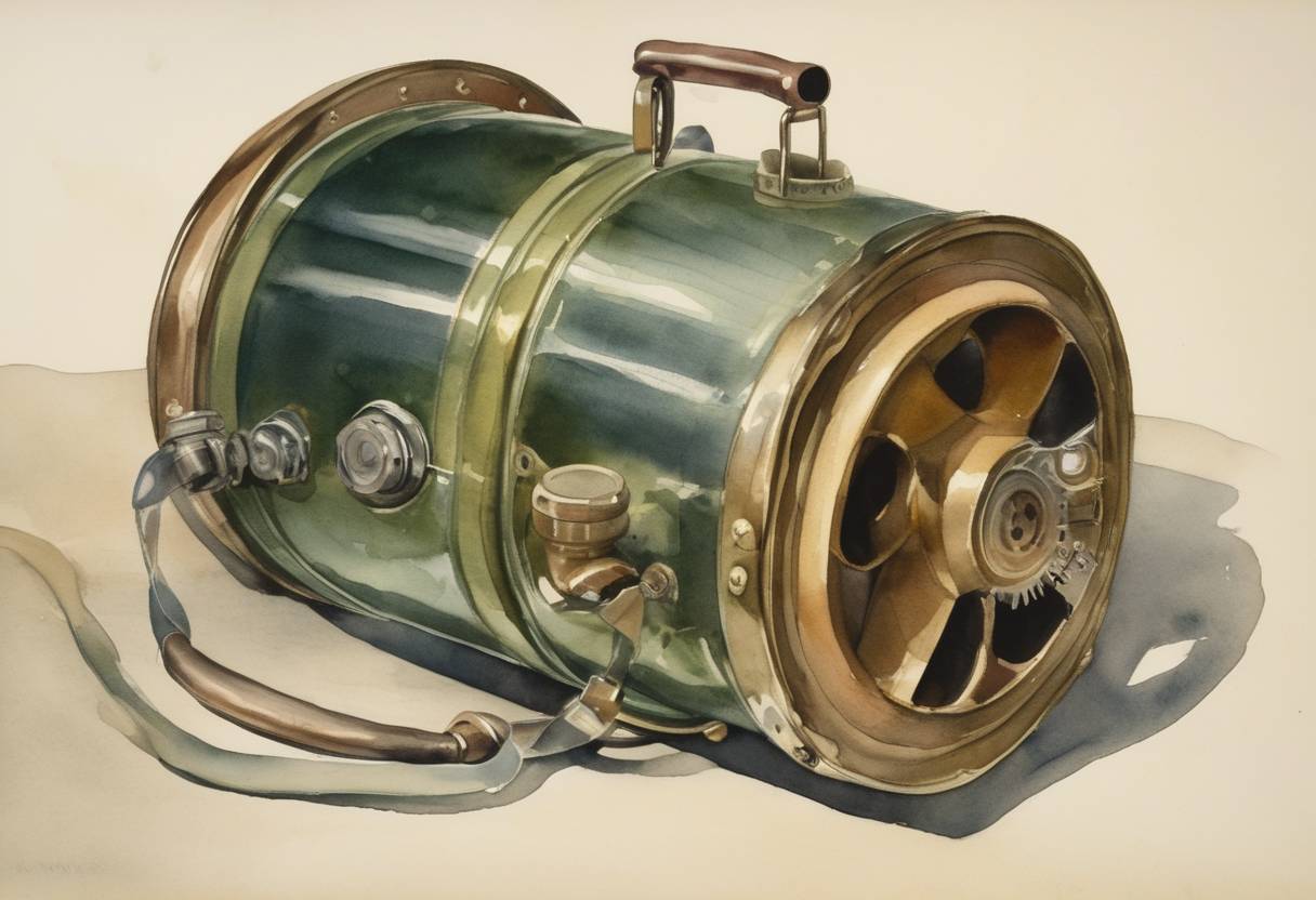 Watercolor painting based depiction of An iron lung respirator was used for the first time at the Boston Children's Hospital to assist a child suffering from diphtheria. (1928)