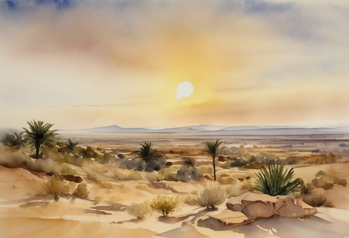 Watercolor painting based depiction of The highest temperature ever recorded in the Western Hemisphere, 57.8°C (136°F), was measured in Al'Aziziyah, Libya. (1922)