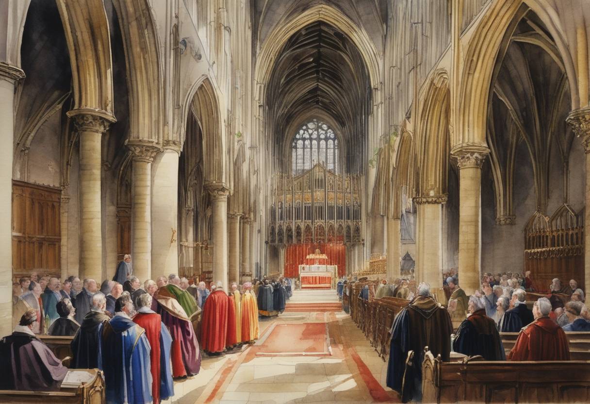 Watercolor painting based depiction of The Synod of Winchester is concluded, highlighting a period of reform within the English church. This synod, under the control of Lanfranc, Archbishop of Canterbury, works to align the English ecclesiastical structure with broader Gregorian reforms. (1075)