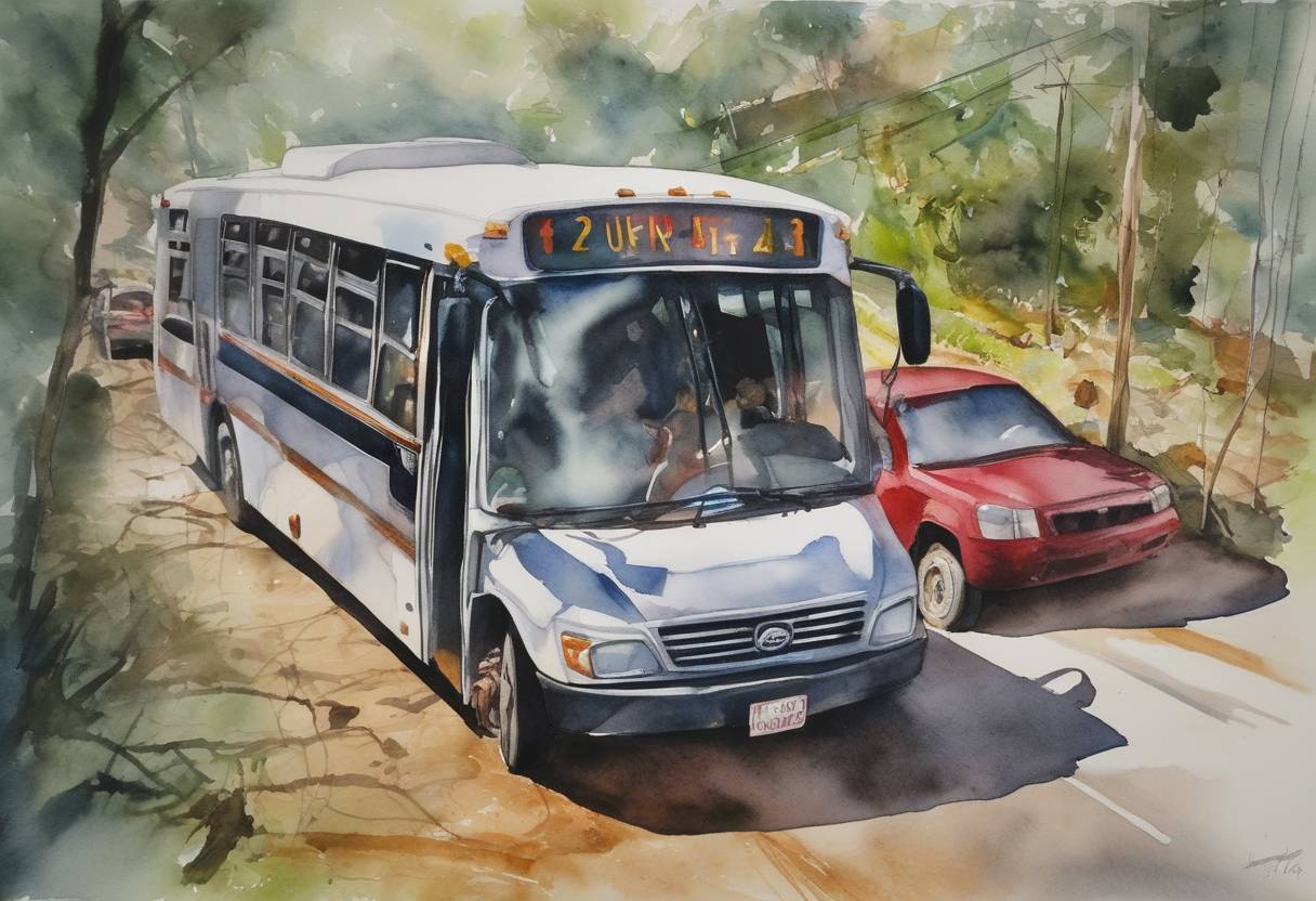 Watercolor painting based depiction of A bus accident killed 11 children and 4 adults in the Francisco Morazán department of Honduras. (2013)
