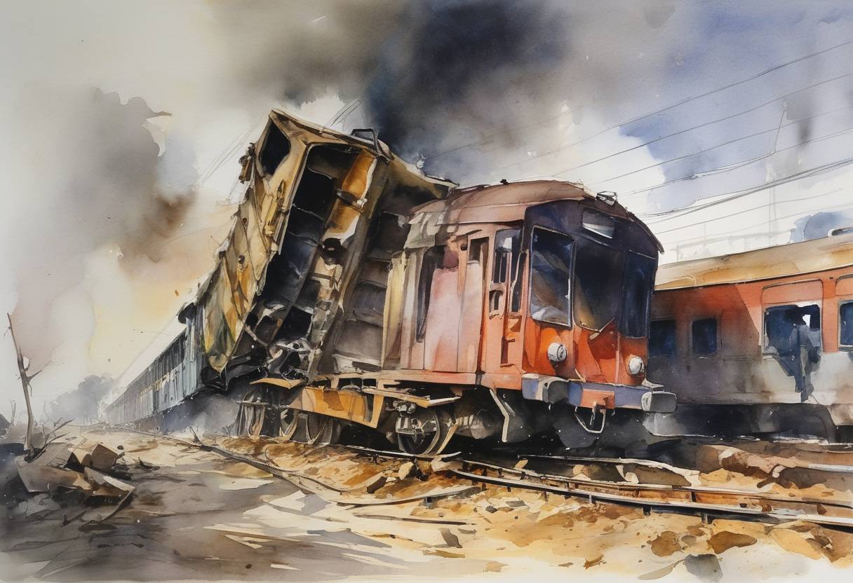 Watercolor painting based depiction of A Northern Railway train crash in Khanna, Punjab, India kills 75 people. (1993)