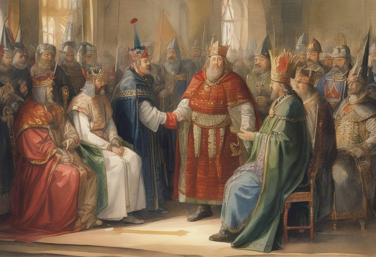 Watercolor painting based depiction of The Congress of Visegrád concluded. This was a significant diplomatic meeting between the monarchs of Poland, Hungary, and Bohemia, with the aim to establish closer cooperation and mutual defense against Habsburg hegemony in Central Europe. (1335)