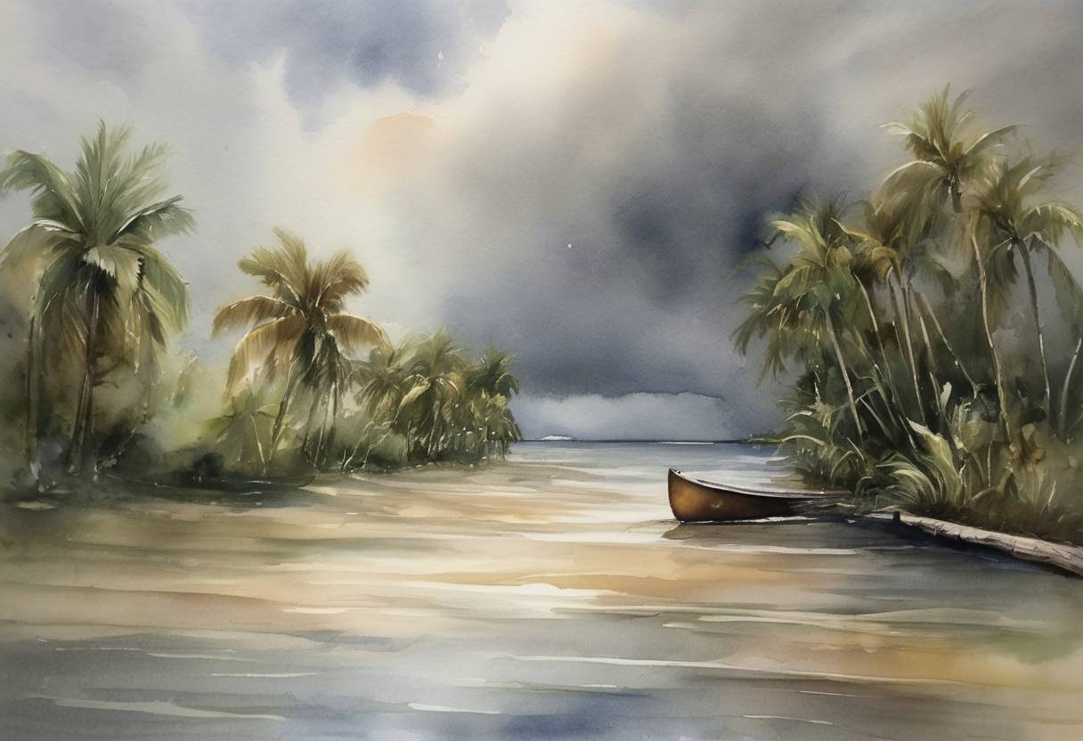 Watercolor painting based depiction of Tropical Storm Erika dissipates as it impacts Florida, causing significant floods and making landfall at the Florida Keys. (2015)