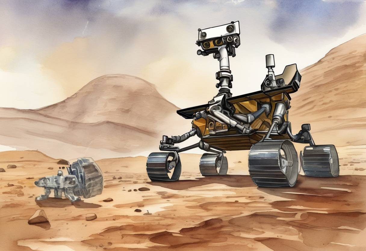 Watercolor painting based depiction of The Mars Science Laboratory mission's rover, Curiosity, successfully landed on Mars, beginning its exploration of the Gale Crater to assess past and present habitability. (2012)