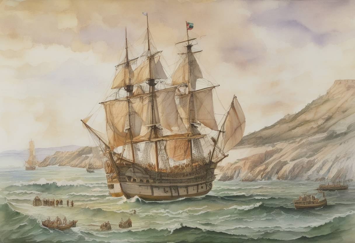 Watercolor painting based depiction of Bartolomeu Dias lands in Mossel Bay after rounding the Cape of Good Hope, becoming the first European known to have done so. (1488)