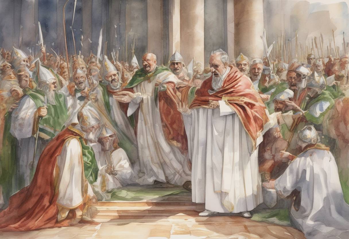 Watercolor painting based depiction of Pope Celestine I dies. He was known for his opposition to the Nestorian heresy and for sending St. Patrick to evangelize Ireland. (432)