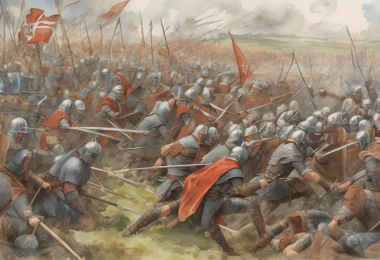 Watercolor painting based depiction of The Battle of the Holme took place between the forces of the Anglo-Saxon kingdoms of Wessex and East Anglia against the Danelaw Vikings. The battle was part of the ongoing conflicts between the Anglo-Saxons and the Vikings during this period. (902)