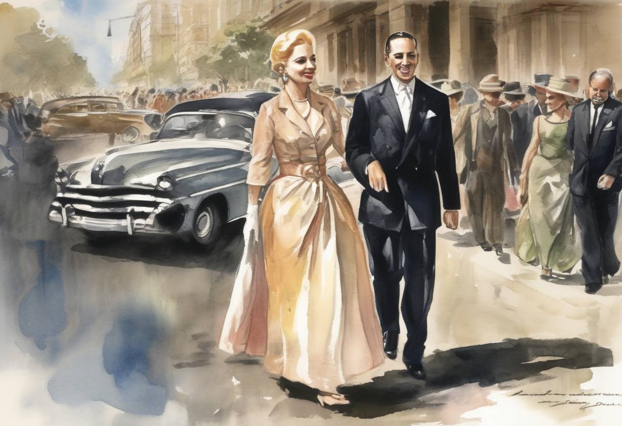 Watercolor painting based depiction of Eva Perón, First Lady of Argentina, dies of cancer, leading to widespread mourning in Argentina. (1952)