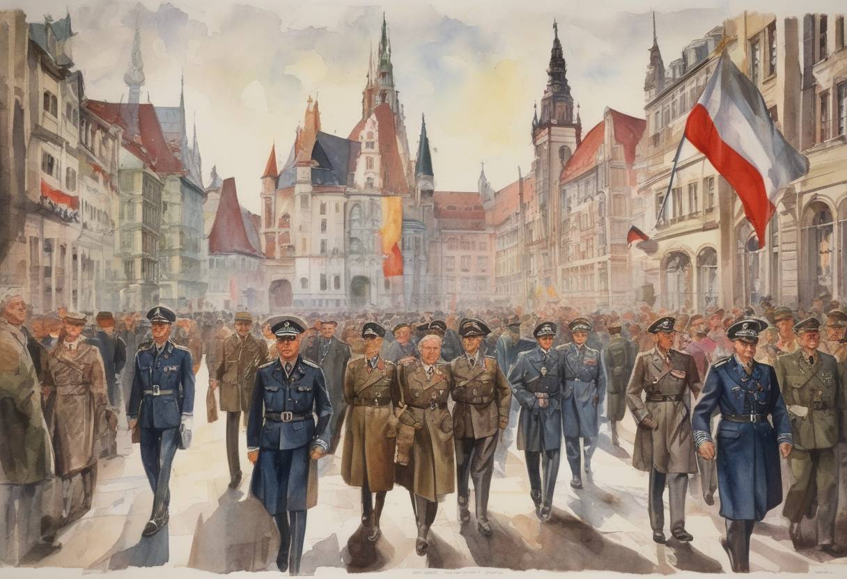 Watercolor painting based depiction of The Munich Agreement was signed by Germany, the United Kingdom, France, and Italy, allowing Nazi Germany's annexation of the Sudetenland in Czechoslovakia. (1938)