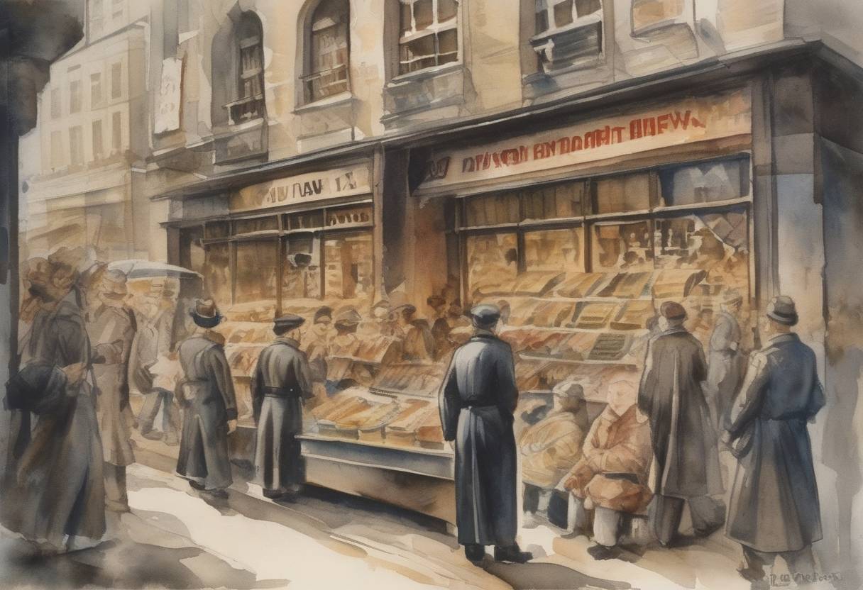 Watercolor painting based depiction of The Nazi regime in Germany carried out a one-day boycott of Jewish-owned businesses, marking an early instance of state-sponsored anti-Semitism. (1933)