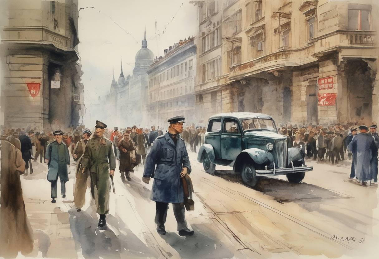 Watercolor painting based depiction of The Hungarian Revolution of 1956 began as a nationwide revolt against the Soviet-imposed policies of the People's Republic of Hungary. (1956)