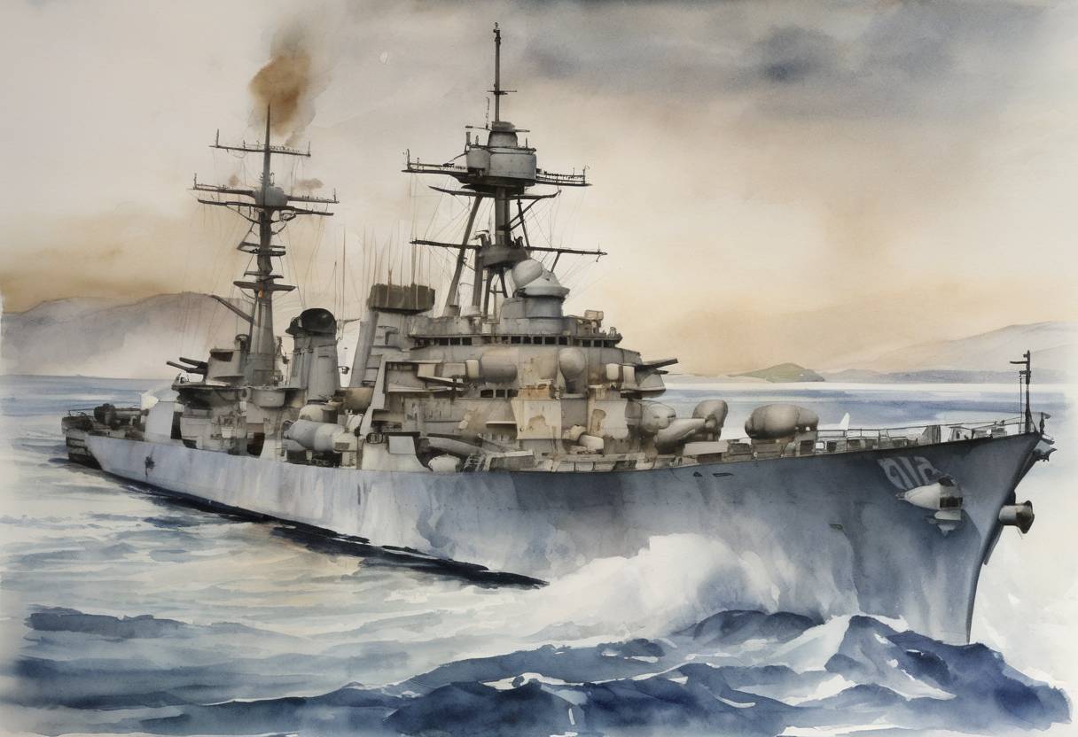 Watercolor painting based depiction of The USS Kearny, a United States Navy destroyer, was torpedoed by a German U-boat near Iceland, resulting in the deaths of 11 sailors, escalating tensions between the U.S. and Germany prior to America's entry into World War II. (1941)