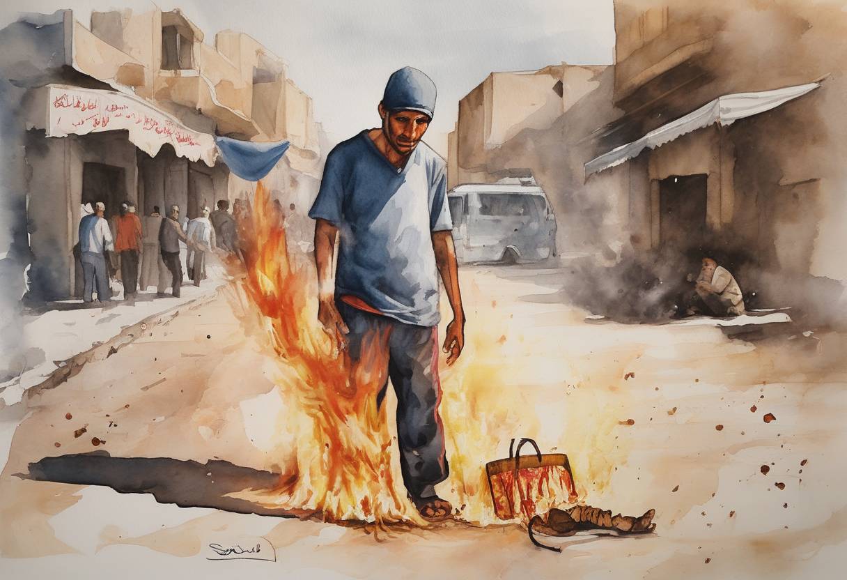 Watercolor painting based depiction of Mohamed Bouazizi, a Tunisian street vendor, set himself on fire in protest of police corruption and ill treatment. This act became a catalyst for the Tunisian Revolution and the wider Arab Spring. (2010)