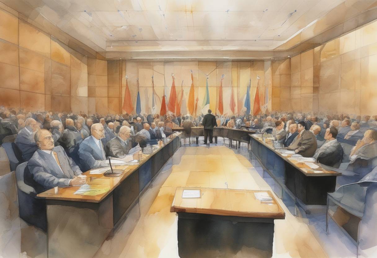 Watercolor painting based depiction of The International Criminal Court held its inaugural session in The Hague, Netherlands, marking a significant step in international law and justice. (2003)