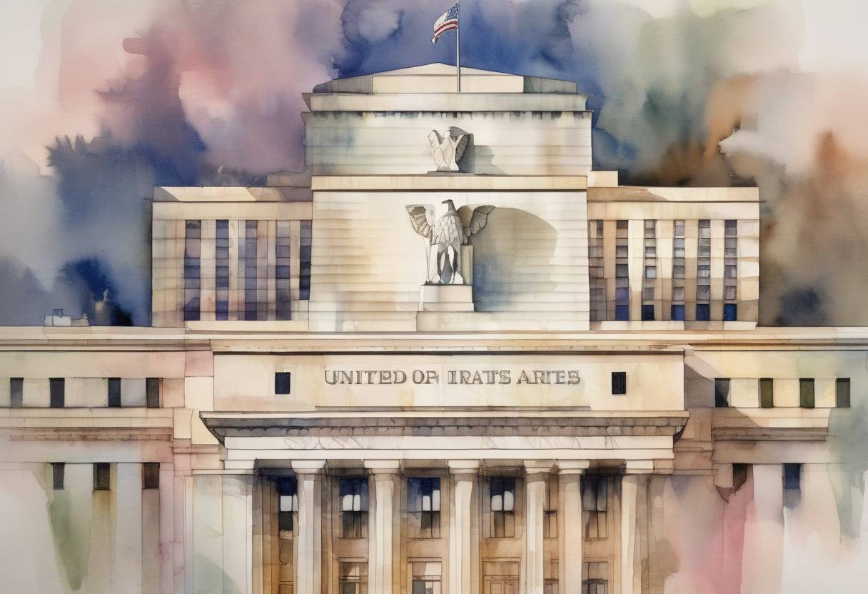 Watercolor painting based depiction of The United States Federal Reserve cut interest rates for the second time in 2019, amid concerns about a global economic slowdown. (2019)