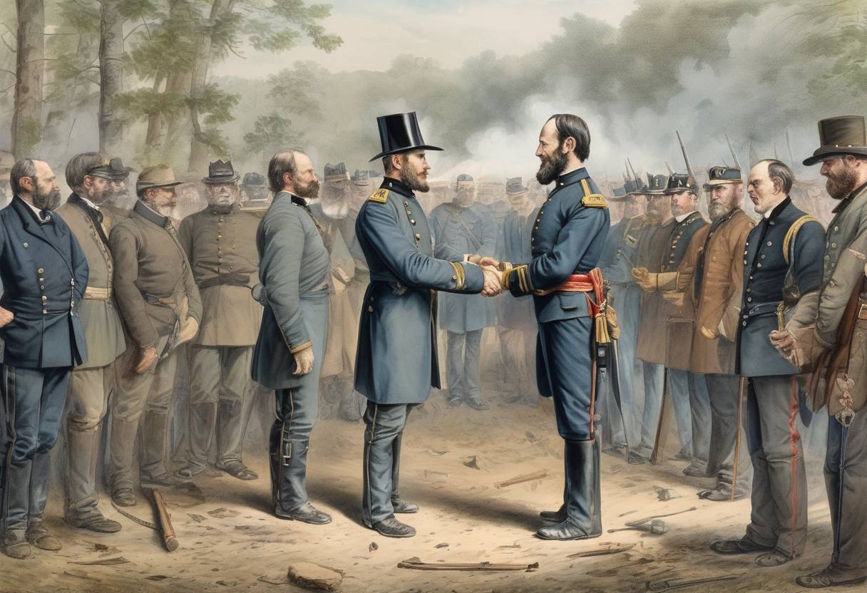 Watercolor painting based depiction of Confederate General Joseph E. Johnston surrenders to Union General William T. Sherman near Durham, North Carolina, effectively ending the American Civil War. (1865)